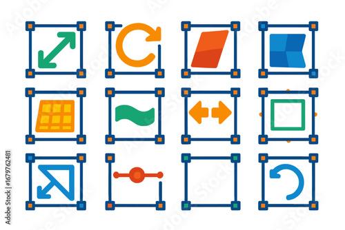 Photoshop Tool Icons. Flat vector icons of Photoshop transform tools: scale icon, rotate icon, skew tool, distort tool,