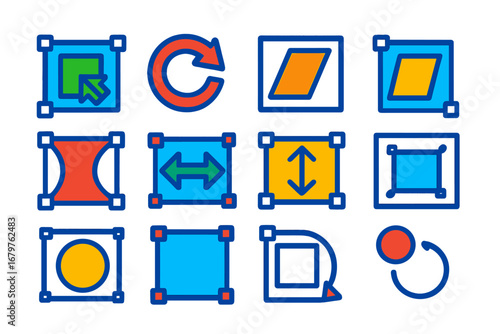 Photoshop Tool Icons. Flat vector icons of Photoshop transform tools: scale icon, rotate icon, skew tool, distort tool,