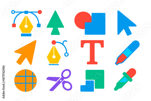 Modern Illustrator Tools Icons. Flat vector icons of Illustrator tools: pen tool, anchor point tool, shape builder, pathfinder