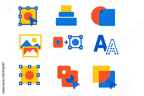 Modern Illustrator Icons. Flat vector icons of Illustrator editing workflows: isolation mode, expand object, flatten transparency,