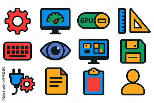 Illustrator Settings Icons. Flat vector icons of Illustrator preferences and settings: general settings icon, performance settings