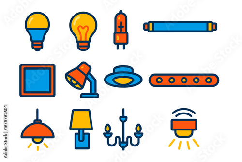 Modern Lighting Icons. Flat vector icons of electric lighting types: LED bulb, incandescent bulb, halogen light, fluorescent tube,