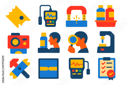 Welding Testing Icons. Flat vector icons of welding inspection and testing: weld gauge, ultrasonic tester, magnetic particle