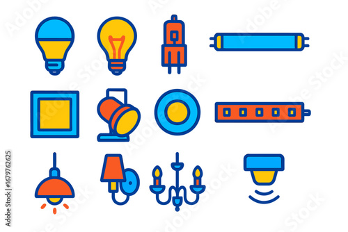 Modern Lighting Icons. Flat vector icons of electric lighting types: LED bulb, incandescent bulb, halogen light, fluorescent tube,