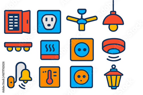 Colorful Electrical Icons. Flat vector icons of residential electrical systems: breaker box, wall outlet, ceiling fan, hallway