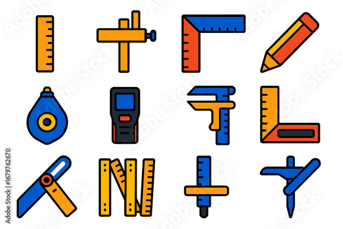 Vibrant Measuring Tools Icons. Flat vector icons of measuring and marking tools: ruler icon, marking gauge, combination square,