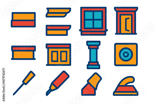 Carpentry Icons Set. Flat vector icons of finish carpentry: baseboard trim, crown molding, window casing, door casing, chair rail,