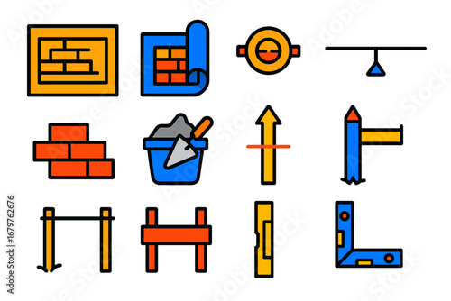 Modern Masonry Icons. Flat vector icons of masonry layout and planning: wall sketch, blueprint roll, level mark, spacing line,