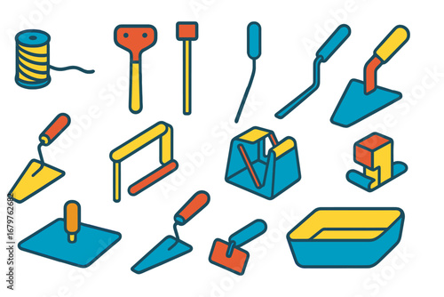 Bright Masonry Tools Icons. Flat vector icons of masonry hand tools: mason's line, mortar hoe, gauge rod, tuck pointer, corner