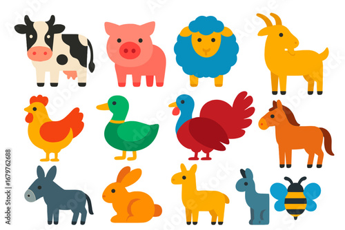 Farm Animal Icons. Flat vector icons of farm animals: cow, pig, sheep, goat, chicken, duck, turkey, horse, donkey, rabbit, llama,
