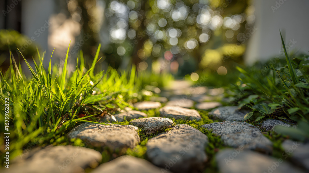 Fototapeta premium Winding stone pathway surrounded by greenery on a sunny day
