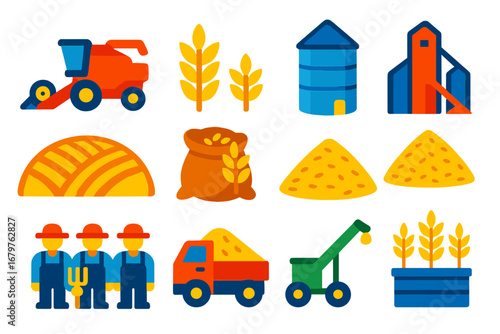 Grain Harvest Icons. Flat vector icons of grain harvest: combine harvester, wheat bundle, grain silo, grain elevator, harvested