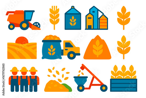 Grain Harvest Icons. Flat vector icons of grain harvest: combine harvester, wheat bundle, grain silo, grain elevator, harvested