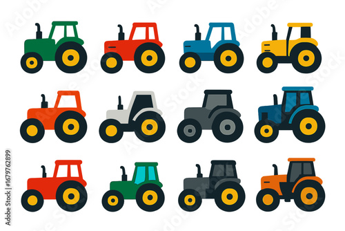 Colorful Tractor Icons. Flat vector icons of tractor brands (generic): green tractor, red tractor, blue tractor, yellow tractor,