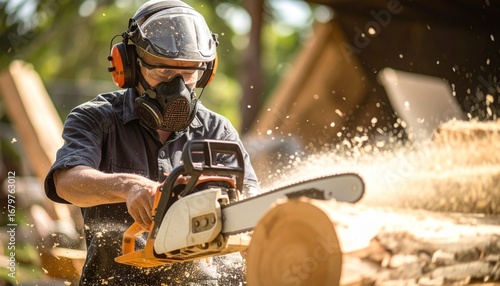 A person wearing full protective gear uses a chainsaw to cut a large log, sending sawdust flying into the air.
