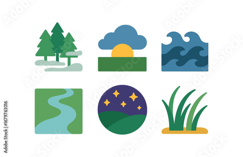 vector colorful flat filled icons uncertainty (nature): misty forest cloudy horizon choppy waves winding river twilight meadow swaying grass.