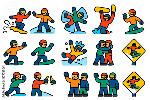 Snowboarding Fun Icons. Flat vector icons of snowboarding for fun: powder splash, high five on slope, snow angel, board toss,