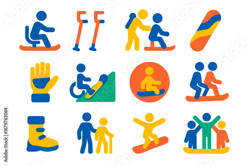 Adaptive Snowboarding Icons. Flat vector icons of adaptive snowboarding: sit snowboard, outriggers, instructor assist, custom