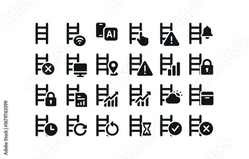 vector solid black filled icons Ladder (Advanced) ladder smart ladder ai ladder auto ladder manual ladder synced ladder unsynced ladder monitor ladder track ladder alert ladder notify.