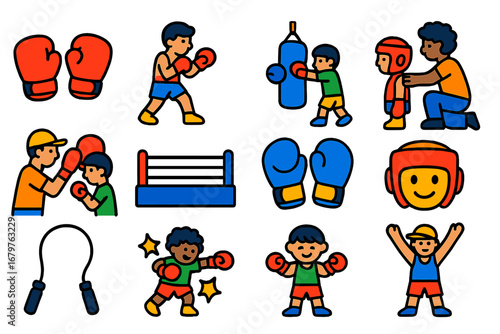 Youth Boxing Icons. Flat vector icons of youth boxing: kid boxer gloves, child stance, beginner training, mini heavy bag, parent