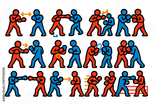 Boxing Strategy Icons. Flat vector icons of boxing strategy concepts: reach advantage, defensive footwork, counter-timing, punch