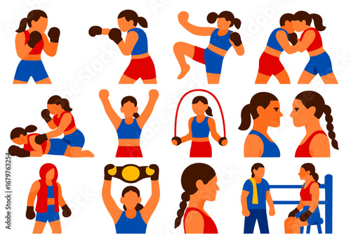 Women's MMA Icons. Flat vector icons of women’s MMA: female fighter stance, punch pose, leg kick, clinch hold, ground control,
