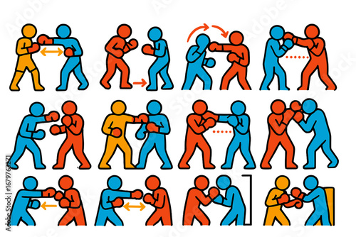 Boxing Strategy Icons. Flat vector icons of boxing strategy concepts: reach advantage, defensive footwork, counter-timing, punch