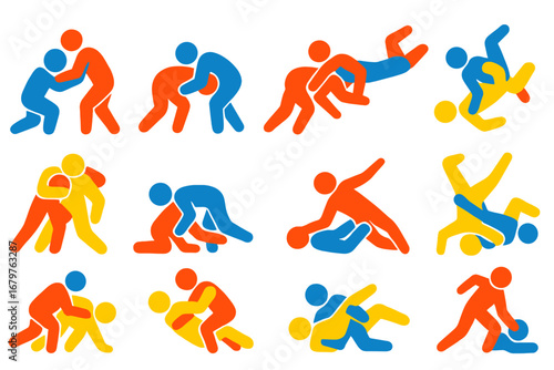 Wrestling Technique Icons. Flat vector icons of wrestling techniques: single leg takedown, double leg takedown, ankle pick,