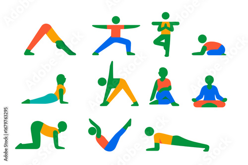 Colorful Yoga Pose Icons. Flat vector icons of yoga poses: downward dog, warrior II, tree pose, child’s pose, cobra pose, triangle