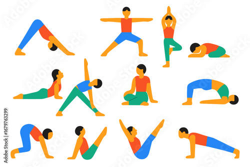Colorful Yoga Pose Icons. Flat vector icons of yoga poses: downward dog, warrior II, tree pose, child’s pose, cobra pose, triangle