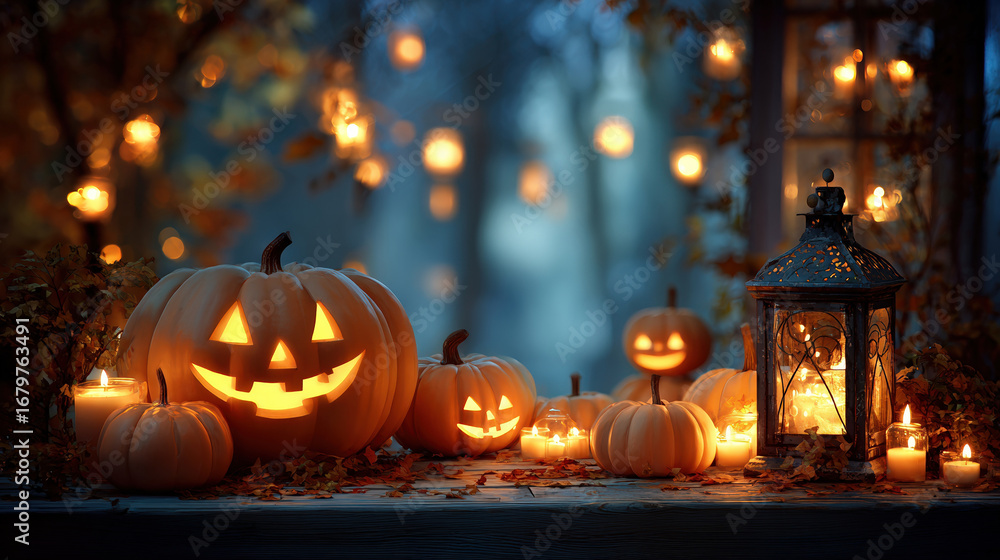 Obraz premium Halloween background with Jack O'Lantern and pumpkins