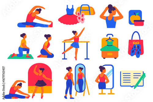 Ballet Icons Pack. Flat vector icons of ballet daily routine: morning stretch, class prep, bun styling, warm-up, barre session,