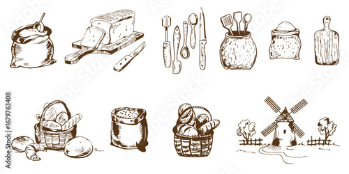 Vintage Bakery Symbols – Hand Drawn Bread, flour, Wheat pastry basket and Mill Icons