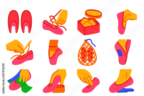 Ballet Shoe Care Icons. Flat vector icons of pointe shoe care: toe padding, ribbon sewing, rosin box, breaking in, elastic