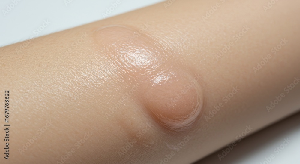 Fototapeta premium Close-up of a Tense, Fluid-Filled Blister from a Burn on Irritated Human Skin.