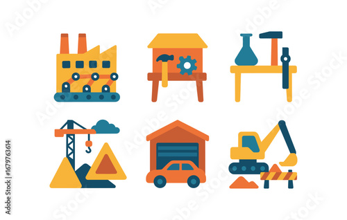 vector colorful flat filled icons technical apprenticeship (environment): factory floor small workshop engineering lab outdoor site garage construction area.
