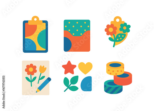 vector colorful flat filled icons clipfolio (creative): colorful cover patterned pockets decorated clip art sketches stickers washi tape.