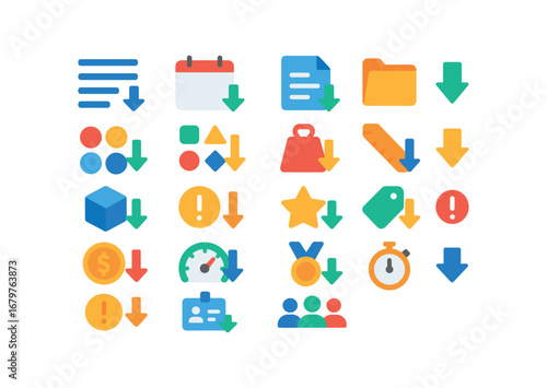 colorful flat vector icons Sort (Types) sort name sort date sort size sort type sort file sort folder sort color sort shape sort weight sort height sort width sort length sort depth sort.