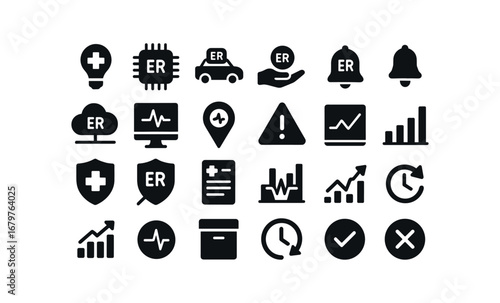 vector solid black filled icons Emergency Room (Advanced) er smart er ai er auto er manual er synced er unsynced er monitor2 er track er alert er notify er secure er unsecure er report er.