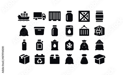 vector solid black filled icons Container (Types) container ship container truck container box container crate container barrel container bag container plastic container glass container.