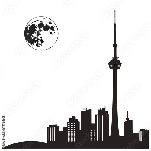 Moon floating above spiral city silhouette