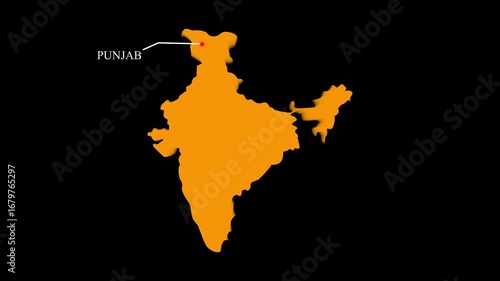 Map of India highlighting the Punjab region with a red dot and text label on a black background location