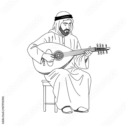 Vector - Young man playing oud while sitting on a stool in traditional attire  