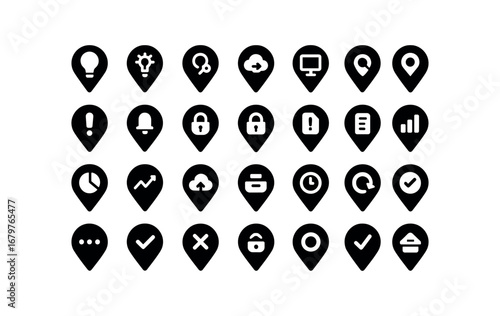 vector solid black filled icons Map Pin (Advanced) mappin smart mappin ai mappin synced mappin unsynced mappin monitor mappin track mappin alert mappin notify mappin secure mappin unsecure.