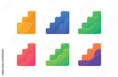 vector colorful flat filled icons terraced slope (abstract): stepped patterns gradient tones layered blocks curved edges shaded tiers soft lines.