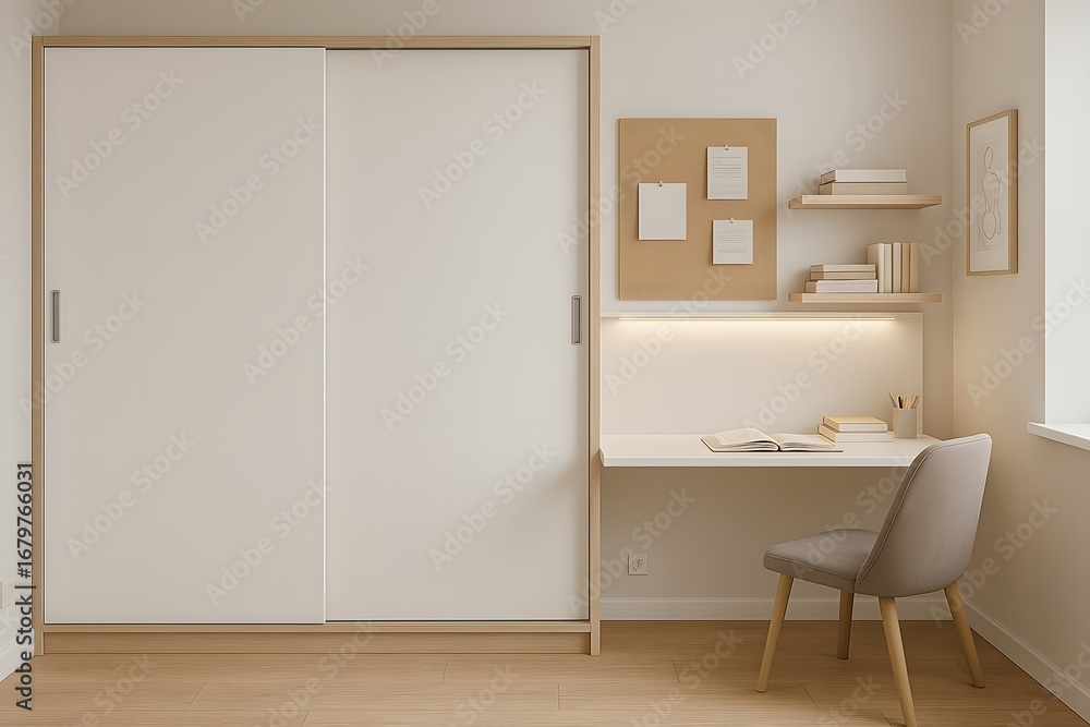 Fototapeta premium Minimalist Interior Featuring Sliding Wardrobe Doors and Small Desk Area with Shelving