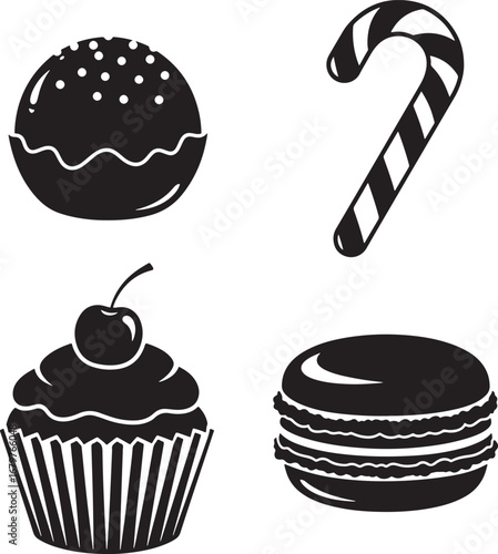Black and White Sweet Treats Collection Featuring Candy Cane Cupcake Macaron and Chocolate Ball