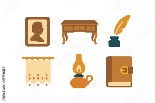 vector colorful flat filled icons reverie (historic): sepia photo ornate desk ink quill lace curtain oil lamp hand bound book.