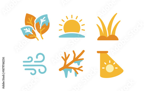 vector colorful flat filled icons golden chill season (nature): frosted leaves low sun golden grass cool wind icy branches soft light.