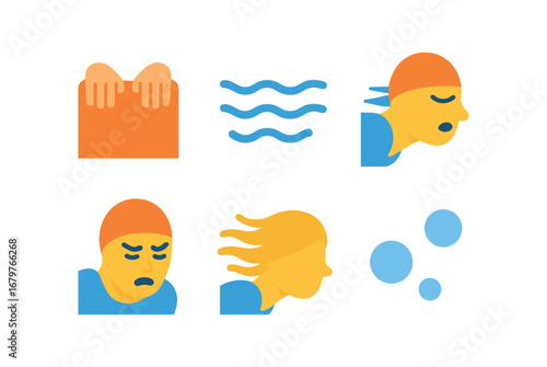 vector colorful flat filled icons duck diving (close up): hands on board water rushing past facial expression streaming hair bubbles.